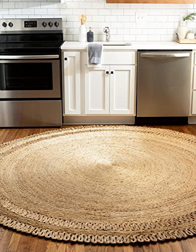 Unique Loom Braided Jute Collection Classic Quality Made Natural Hand Woven With Circle Swirl Details Area Rug (5' 0 x 5' 0 Round, Natural) - size: 5'1" (Round)