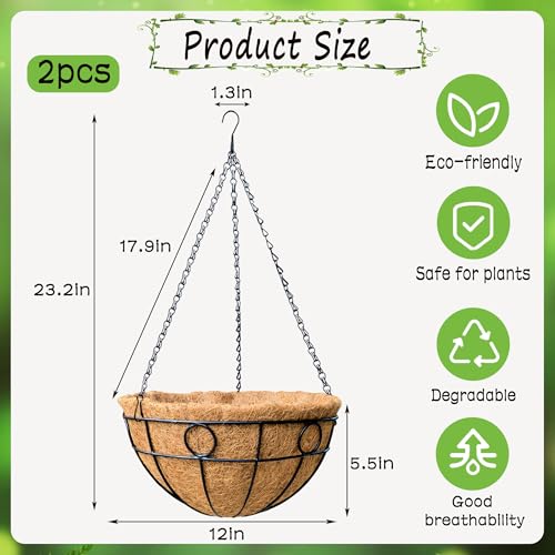 2 Pack 12 Inch Outdoor Plant Hanging Basket Round Metal Hanging Planter with Coco Coir Liner Black Metal Chain for Indoor Plants Baskets Railing Flower Pots Home Decor Flowers - color: Circular