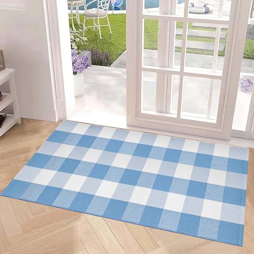 Front Porch Rug 24''x51''Light Blue and White Outdoor Rug Cotton Woven Washable Door Mat Outdoor for Layered Hello Welcome Door Mat Kitchen Farmhouse Entryway - color: Light Blue, size: 24''x 51''