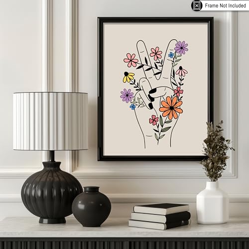 Poster Master Peace Hand Print - Retro Flower Poster - Hippie Peace & Love Art - Preppy Floral Wall Design - Chic Boho Art - Trendy Office or Living Room Wall Decor - 8x10 UNFRAMED Wall Art - color: Style-14, size: 8"L x 10"W