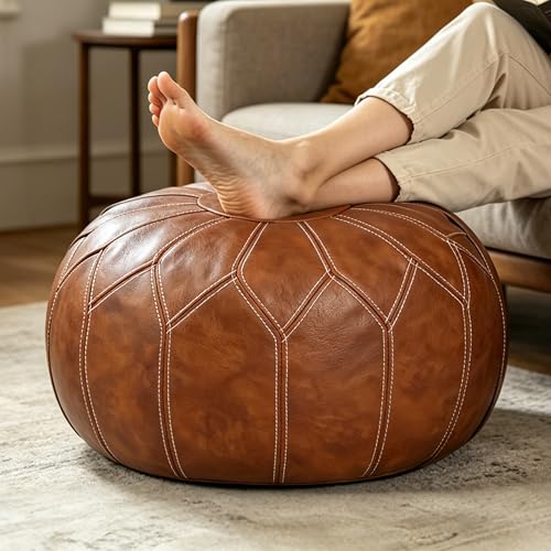 Thgonwid Round Unstuffed Pouf Cover, Faux Leather Storage Ottoman, Boho Moroccan Foot Stool, Multi-Purpose Home Decor for Living Room, Bedroom and Balcony, Brown, No Filling Included - color: Brown（no Stuffing）
