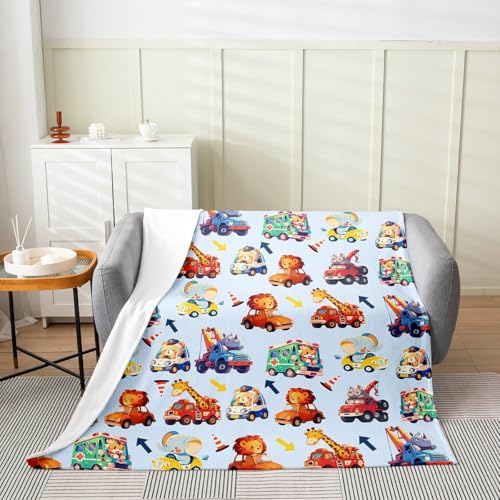 Truck Excavator Drivers Bed Blanket Kids Girls Under Construction Cars Flannel Blanket Soft Cozy Lightweight Police Car Fire Truck Plush Fleece Blankets Gifts for Couch Bed Office Sofa(40x50 Inches) - color: Blue, size: 40"×50"
