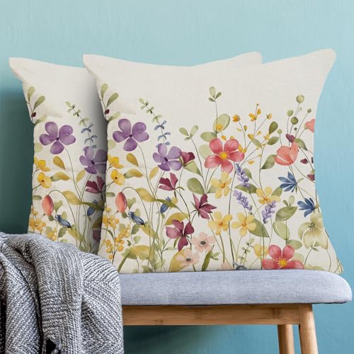 AEIOAE Spring Pillow Covers 16x16 Inch Set of 2, Colorful Wild Flower Leaves Plant Throw Pillows Case,Seasonal Floral Outdoor Decorative Farmhouse Decor Cushion Covers for Home Sofa Bed Couch - color: Colorful Wild Flowers, size: 16" x 16" (Pack of 2)