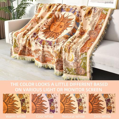Boho Throw Blanket Reversible Cotton Bohemian Tapestry Hippie Room Decor Outdoor Blanket Double Sided (Boho Sun Yellow 50"x60") - color: Boho Sun 3, size: 50*60 inch