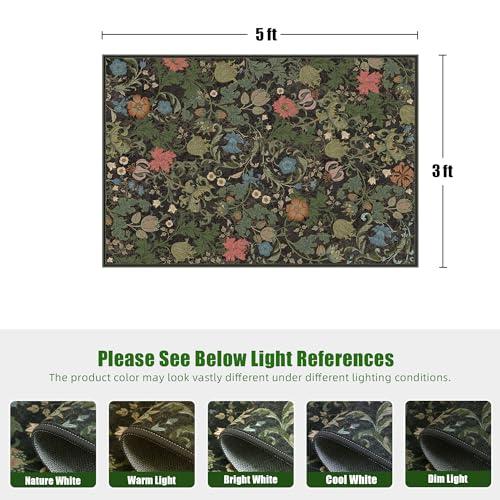 Area Rug 3x5 for Entryway, Washable Vintage Farmhouse Botanical Rug, Non Slip Low Pile Thin Floor Decor Soft Accent Rug for Front Door Kitchen Bedroom Playroom Living Room Black Green - color: Black, size: 3'x5'