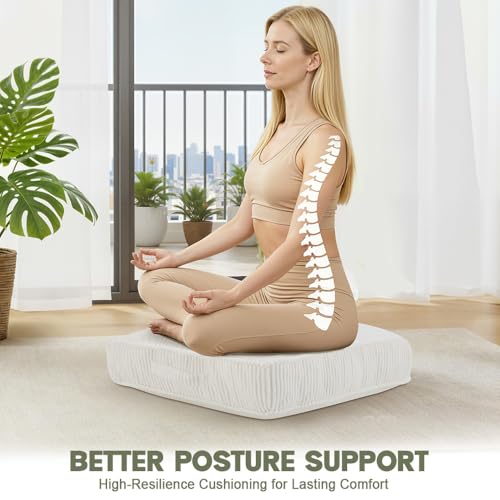 Floor Pillow for Adults Set of 2, 4" Square Floor Cushions with Washable Cover, Large Corduroy Meditation Pillow, 22 inches Tatami Seat with Handle for Living Room or Yoga, Beige - color: Beige, size: 22x22x4.2 inch