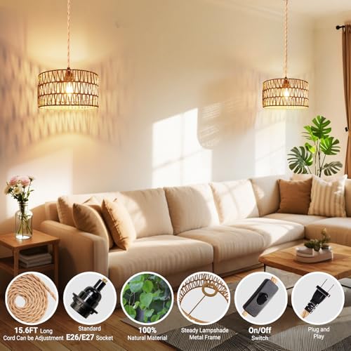 Hanging Light Ceiling Lamp Pendant Lights Rattan Hanging Lamp with Plug in Cord for Living Room Bedroom Kitchen Indoor Hanging Lamp Plug in Woven Lampshade - size: 12.6 Inch - Cylindrical Shade