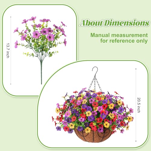 Ammyoo Artificial Faux Hanging Plants Flowers Basket for Spring Outdoor Decoration, Fake Silk Daisy UV Resistant Look Real with Eucalyptus Leaves Summer Outside Decor for Home Patio Garden - color: Purple Deep Purple Red Yellow