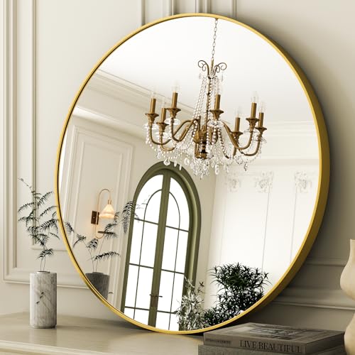 30 Inch Round Bathroom Mirror - Gold Wall Mounted Circle Mirror with Metal Frame, Modern Round Hanging Mirror Suitable for Bathroom, Vanity, Entryway, Living Room - color: Gold, size: 30"L x 30"W