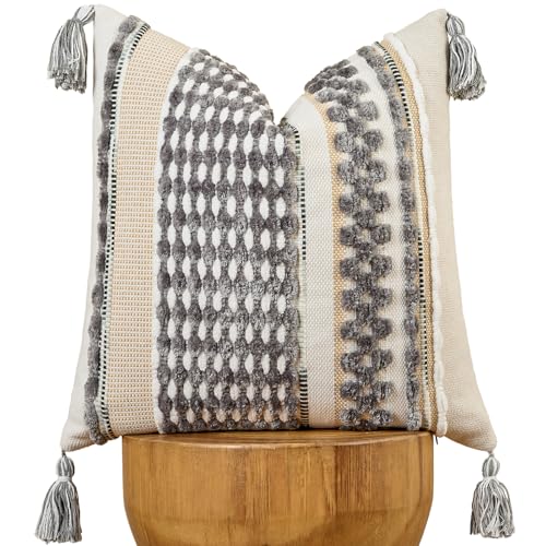 AmHoo Chenille Striped Textured Boho Throw Pillow Covers Aesthetic with Tassels Woven Decorative Pillow Case for Couch Bed Sofa Bedroom Modern Funky 18 x 18-Inch Grey White - color: Grey White, size: 18" x 18" (Pack of 1)