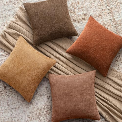 18x18 Inch Set of 2 Textured Throw Pillow Covers Decorative Soft Accent Square Chenille Pillowcases Neutral Farmhouse Cushions Modern Home Decor for Couch Sofa Bedroom Living Room,Honey Brown - color: Honey Brown, size: 18" x 18" (Pack of 2)