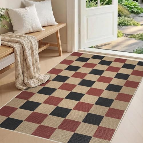 Sasttie Checkered Jute-Look Entryway Rug, 3x5 Washable Rug Front Door Mat, Non-Slip Neutral Farmhouse Throw Rugs for High Traffic Indoor & Outdoor, Red/Black/Natural - color: Red & Black & Natural, size: 3' x 5' (Rectangular)