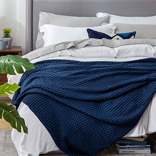 Bedsure Cooling Cotton Waffle Twin XL Blanket - Lightweight Breathable Blanket of Rayon Derived from Bamboo for Hot Sleepers, Luxury Throws for Bed, Couch and Sofa, Navy, 66x90 Inches - color: Navy, size: Twin XL (66" X 90")