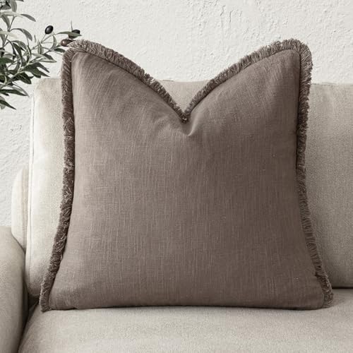 Foindtower Decorative Linen Fringe Throw Pillow Covers Cozy Boho Farmhouse Cushion Cover with Tassels Soft Accent Pillowcase for Chair Sofa Bed Living Room Home Decor, 16×16 Inch,1PC,Light Coffee - color: Malt Ball, size: 16" x 16" (Pack of 1)