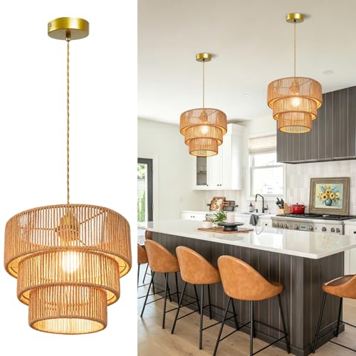 11.8" Gold Rattan Chandelier Boho Woven Pendant Light Fixture Rustic 3-Tier Wicker Hand-Woven Rattan Chandelier for Dining Room Kitchen Island Living Room Bedroom Foyer Entryway - color: 11.8″