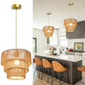 11.8" Gold Rattan Chandelier Boho Woven Pendant Light Fixture Rustic 3-Tier Wicker Hand-Woven Rattan Chandelier for Dining Room Kitchen Island Living Room Bedroom Foyer Entryway - color: 11.8″