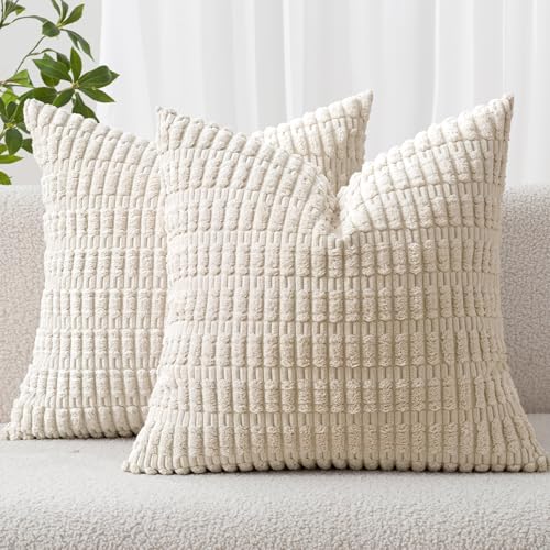 MIULEE Pack of 2 Corduroy Decorative Throw Pillow Covers 18x18 Inch Soft Boho Striped Pillow Covers Modern Farmhouse Home Decor for Sofa Living Room Couch Bed Cream White - color: Cream White, size: 18" x 18" (Pack of 2)