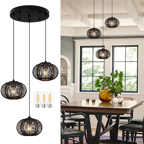 12" Boho Black 3-Light Boho Chandeliers for Kitchen Island Hand-Woven Boho Rattan Chandeliers Dimmable Adjustable Hanging Wicker Chandelier for Dining Room Living Room（Bulb Incl.） - color: 11.8" Black 3-Light
