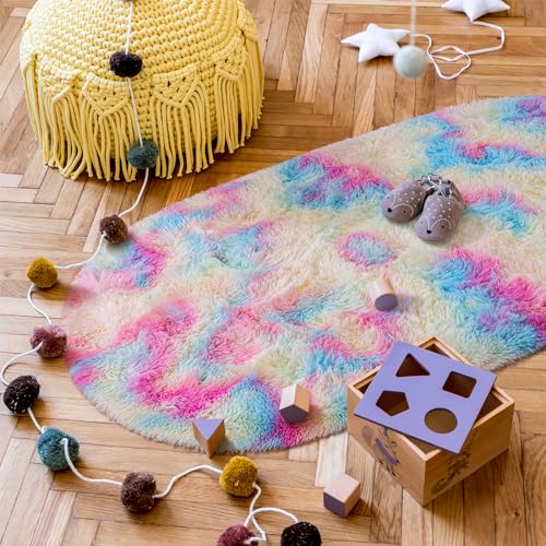 Goideal Fluffy Bedroom Rug, Small Oval Area Rugs, Rainbow Shag Bedside Carpet for Kids Room Nursery Dorm Cute Fuzzy Indoor Decor for Boy and Girl, 2.6 x 5.3 Feet - color: Rainbow