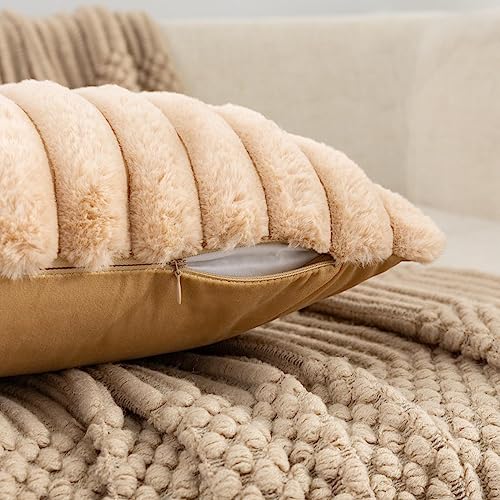 ZLINA Set of 2 Apricot Faux Fur Decorative Throw Pillow Covers Fluffy Striped Pillowcase Cushion Covers 20 x 20 Inch Decor Sofa Couch Bedroom - color: Apricot, size: 20" x 20" (Pack of 2)