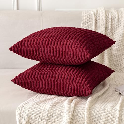 MIULEE Pack of 2 Burgundy Corduroy Decorative Pillow Covers 16x16 Inch Soft Boho Striped Throw Pillow Covers Modern Farmhouse Home Decor for Sofa Living Room Couch Bed - color: Burgundy, size: 16" x 16" (Pack of 2)