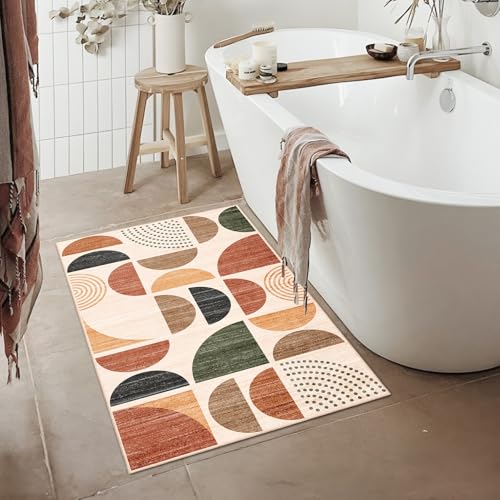 MUJOO Small Rug Washable,Boho 2x3 Area Rugs for Entryway Bathroom Entry Entrance Bedroom Kitchen,Front Door Mat Soft Throw Carpet Non Slip Indoor Modern Abstract Bohemian Terracotta - color: Rust and Brown, size: 2' x 3' (Rectangular)