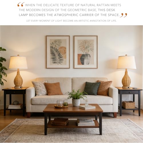 Hamilyeah 23" Farmhouse Table Lamp with Bulb Included and USB Charging Ports, Boho Bedside Lamp with Fabric Shade, Woven Rattan Nightstand Lamp for Bedroom, Living Room, Office - color: Wood