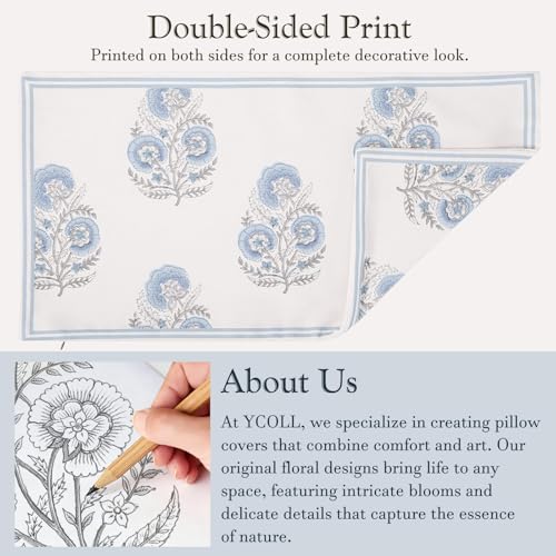 Vintage Floral 12x24 Lumbar Pillow Cover for Bed Pack of 1, Double-Sided Botanical Print Decorative Long Pillowcase Farmhouse Neutral Cushion Cover for Sofa Couch Living Room, Light Blue (Cover Only) - color: Light Blue, size: 24" x 12" (Pack of 1)
