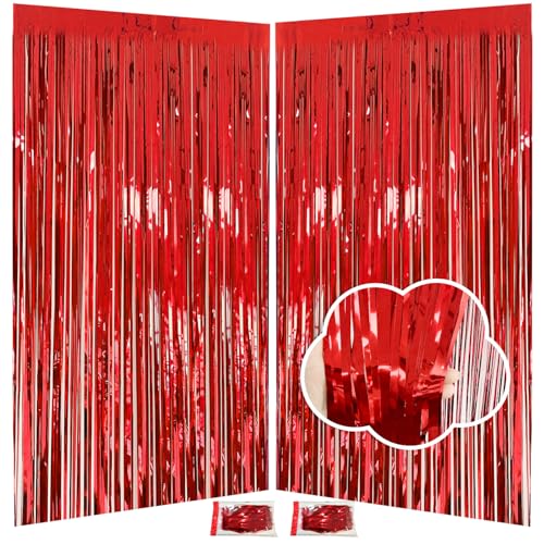 Valentines Day Decorations - Red Tinsel Backdrop Galentines Day Decorations 3.3x8.2ft, 2 Pack Foil Fringe Curtains Photo Booth Props for Birthday Party, Red Streamer Backdrop for Christmas - color: Red