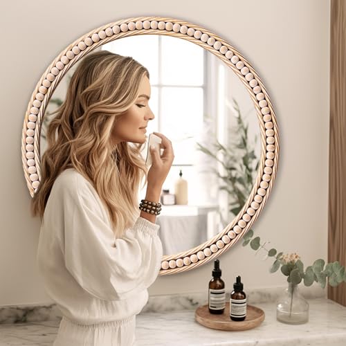 Gluck Plants Gold Round Mirror - 24" Rustic Beaded Farmhouse Decorative Accent Mirror for Bathroom, Living Room, Bedroom, Fireplace, Hallway