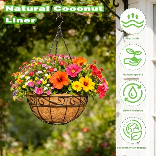 2 Pack 12 Inch Metal Outdoor Hanging Baskets Black Heavy Duty Hanging Planters with Coco Liners for Indoor Outdoor Plants Gardens Patios Terraces（Lace） - color: Lace