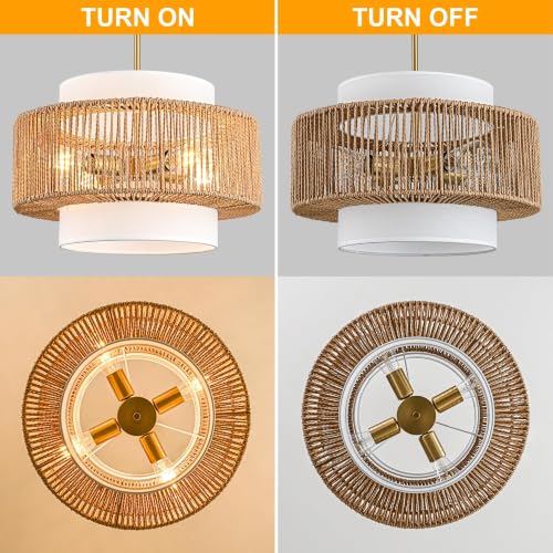 Boho Rattan Chandelier, 17.7" Boho Pendant Light with Fabric Lampshade, 4-Light Rattan Light Fixture Ceiling Hanging for Dining Room, Living Room, Bedroom, Kitchen Island, Hallway, Foyer - size: 17.7″Fabric