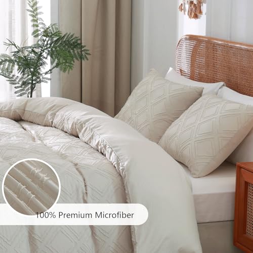 Duvet Cover Queen Size, 3PCS Boho Duvet Cover Set, Geometric Pattern Tufted Bohemian Comforter Cover Jacquard Knit Textured Bedding Set with Zipper Closure - color: Light Kahki, size: Queen