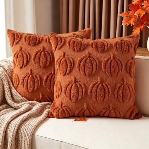 Burnt Orange Pumpkin Throw Pillow Covers 18x18 inch Set of 2, Tufted Plush Fall Halloween Cushion Covers for Couch Sofa Decor - color: Orange Pumpkin