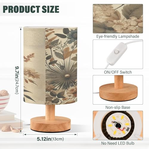 Small Table Lamp, Vintage Boho Botanical Bedside Table Lamp with Fabric Shade - Nightstand Lamp for Bedrooms, Dorm, Living Room