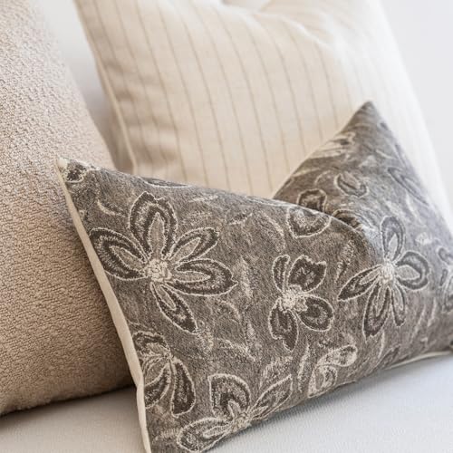FIOUOVO Floral Throw Pillow Covers 12x20 Set of 2 Farmhouse Pillow Covers Vintage Neutral Accent Pillowcases Decorative Cushion Covers for Sofa Couch Living Room Bedroom Home Decor, Taupe - color: Taupe, size: 20" x 12" (Pack of 2)