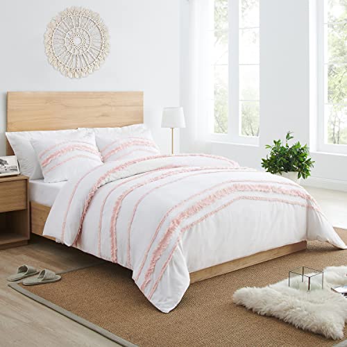 Bohemian Boho Chic White and Pink Macrame Tufted Tassel 2 pc. Twin / Twin XL Size Bed Bedding Set Duvet Comforter Cover / Sham Blush Pink Textured Minimalist Cotton Fringe Farmhouse Indie Dorm Teen - color: Blush Pink, size: Twin