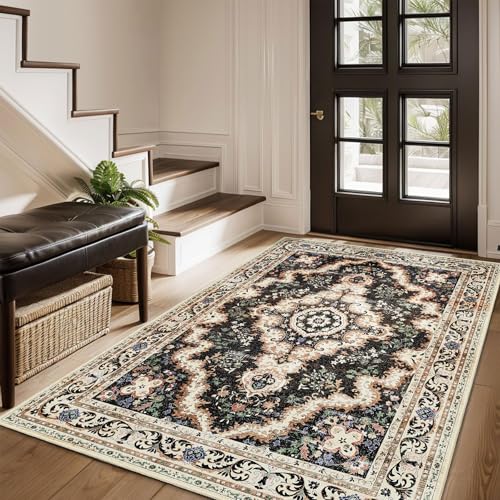 Black Rug 3'x5',Washable Area Rugs for Bedroom Living Room Kitchen Entryway Bedside,Small Boho Vintage Bohemian Distressed Non Slip Carpet,Colorful Floral - color: Black, size: 3'x5'