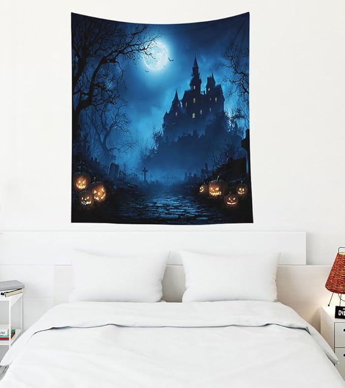 EMMTEEY Halloween Tapestry Night Forest Pumpkins Horror Castle Ceiling Tapestry 50X60 Vertical Wall Art for Bedroom Living Room Fall Backdrop