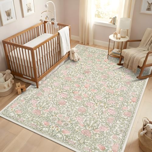 GarveeHome Pink and Green Vintage Floral Washable Rugs 5x7 for Living Room Boho Retro Botanical Rug Low Pile Stain Resistance Non Slip Carpet for Bedroom Nursery Dining Room - color: A Beige / Pink, size: 5' x 7' (Rectangular)