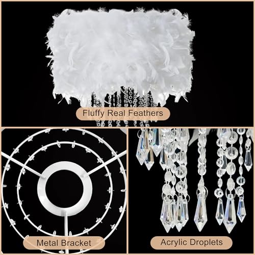 Feather Lamp Shade with Acrylic Beads Droplets, Universal Fit Light Shade for Pendant, Table, Floor & Wall Lighting, Girl Bedroom Decor, ID 11.8inch, OD 15.7inch, White - color: White, size: 15.7 inches