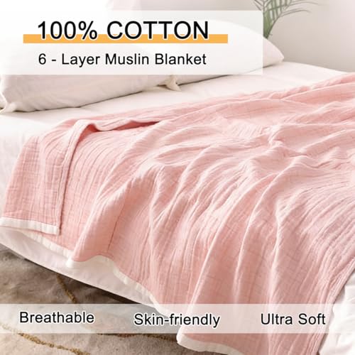 100% Cotton Muslin Blanket 60"x80", Pink Throw Blankets for Couch Bed Sofa Chair, 4-Layer Soft Cozy Quilt Travel Blanket, Farmhouse Decor,All Seasons - color: Pink