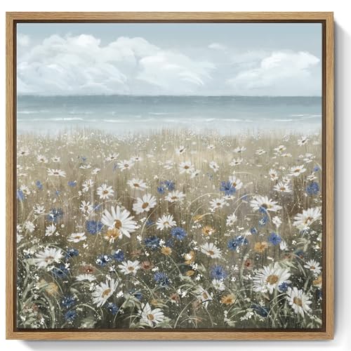 amatop Framed Wall Art Bathroom Décor Boho Beach Coastal Vintage Floral Wall Picture Flower Daisy Flowers by Sea Canvas Print Nautical Small Artwork For Home Farmhouse Living Room Bedroom Office - color: Coastal Flower Sea Art, size: 13.5"L x 13.5"W