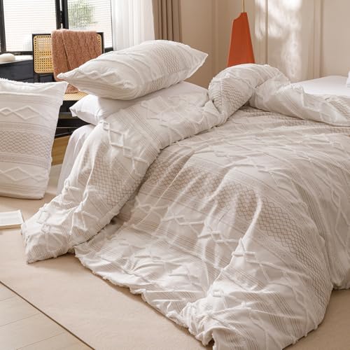 Wellboo Beige Tufted Jacquard Boho Comforter Set Twin Size Cream Khaki Bedding Set Shabby Chic All Season Quilt Women Men Oatmeal Farmhouse Embroidery Blanket Soft Adult Broken Line Wave Geometry Bed - color: 6-white, size: Twin-68"*90"