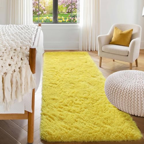 ONASAR Yellow Runner Rugs for Bedroom Living Room, Fluffy 2x6 Bedside Hallway Area Rug, Ultra Soft Plush Furry Faux Fur Non Slip Floor Carpet for Nursery Kids Dorm Closet Home Decor Aesthetic - color: Yellow, size: 2' x 6' (Runner)