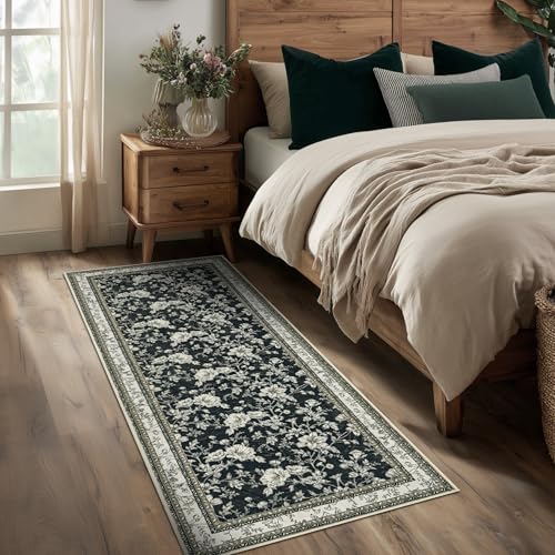 Black Runner Rugs 2x6 for Hallway Kitchen Bedroom Beside Laundry Room Bathroom Rug Boho Modern Washable Non Slip Low Pile Stain Resistant Soft Long Carpet Mat Black Cream Beige Taupe Floral Pattern - color: Sketch Floral Black, size: 2' x 6' (Rectangular)