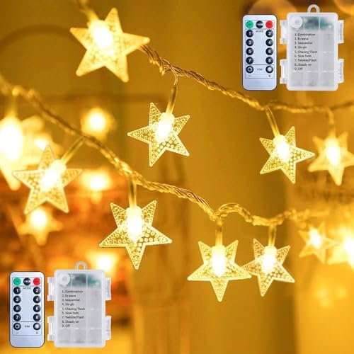 Brightown Star String Lights - 2 Pack Total 33ft 100 LED Star Fairy Lights Battery Operated with Remote for Indoor Outdoor, Twinkle Fairy Christmas Light for Bedroom Wedding Party Decor, Warm White - color: Warm White, size: 2 Pack