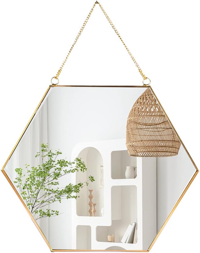 LONGWIN Hanging Wall Hexagon Mirror Decor Gold Geometric Mirror with Chain for Bathroom Bedroom Living Room 9.4"x 8.2"