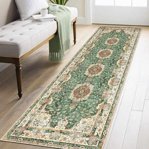 Washable Runner Rug 2'x8',Green Rug Runners Non Slip,Long Boho Rugs for Hallways Kitchen Bathroom Bedroom Entryway,Vintage Bohemian Distressed Floor Carpet,Retro Sage Floral - color: Green, size: 2'x8'