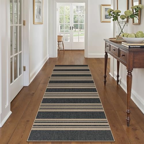 PureCozy Striped Easy Jute 2x6 Kitchen Runner Rug Black Washable Carpet for Hallway Non Slip Farmhouse Neutral Non Shedding Indoor Outdoor Long Rug Bathroom Bedroom Laundry Entryway - color: Black/Striped, size: 2' x 6' (Runner)